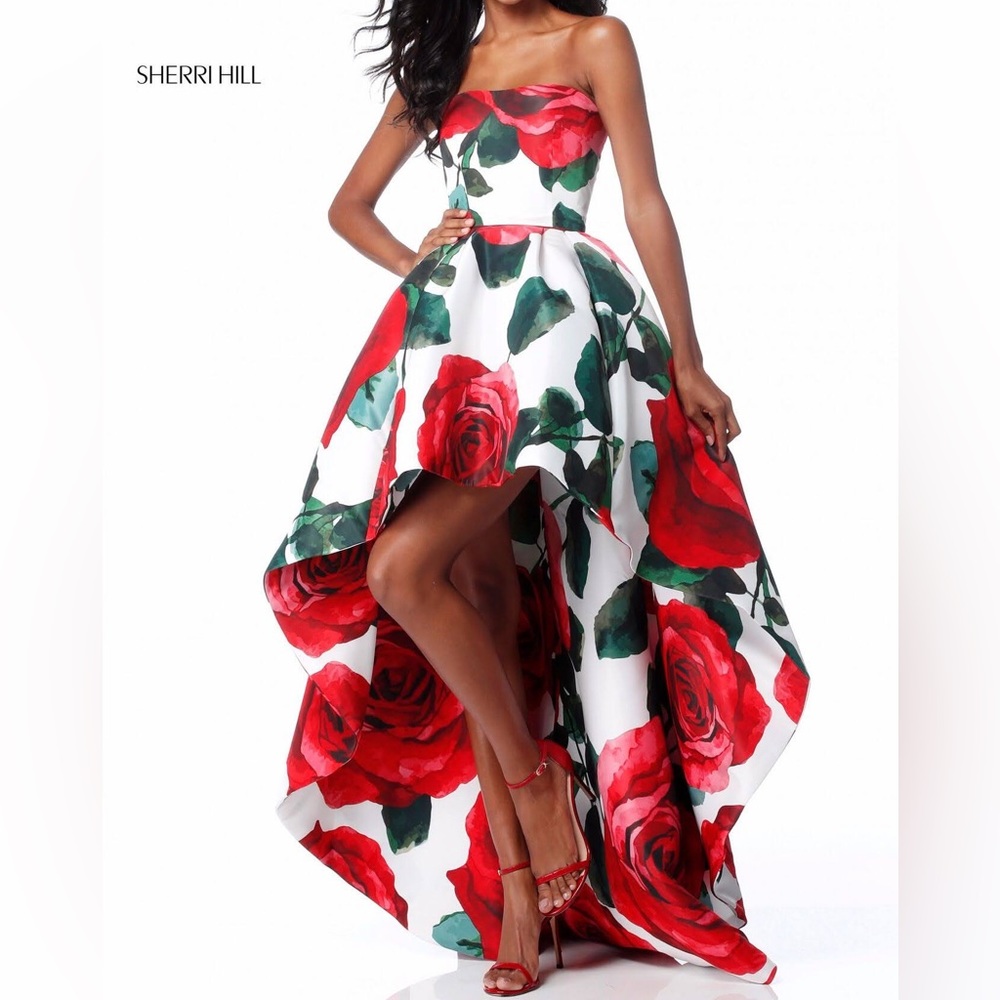 Sherri Hill Red and Green Floral Prom Dress